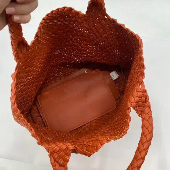 Anthropologie orange Woven Faux Leather Tote - Picture 5 of 7